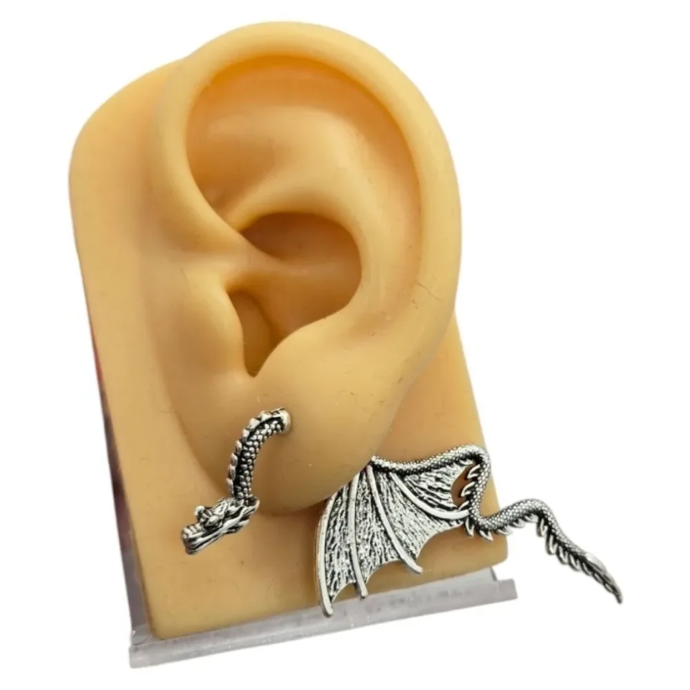 Silver Dragon Ear Jacket Earrings Gothic Fantasy Winged Dragon Cosplay Jewelry